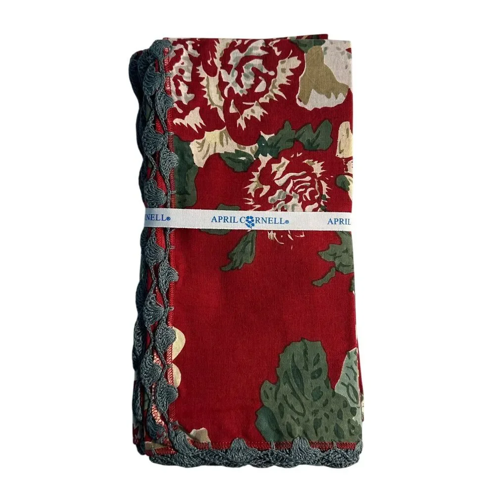 April Cornell Olivia‎ Floral Napkins Set of 4 Red Green Crochet Trim Holiday NEW